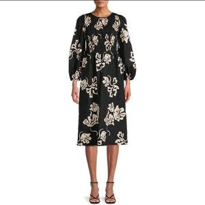 NWOT The Get Tie Back Long Sleeve Midi Dress Women's 1X Black Cream Smocked